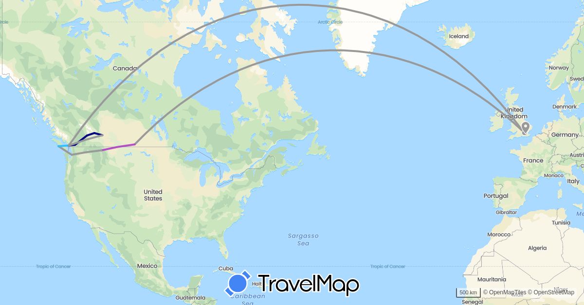 TravelMap itinerary: driving, plane, train, boat in Canada, United Kingdom, United States (Europe, North America)